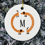 Funny Dachshund Sausage Dog Monogram Ceramic Tree Decoration<br><div class="desc">Cute and funny dachshund,  sausage dogs or wiener dogs in perpetual motion.
Customise by changing or removing the initial.</div>