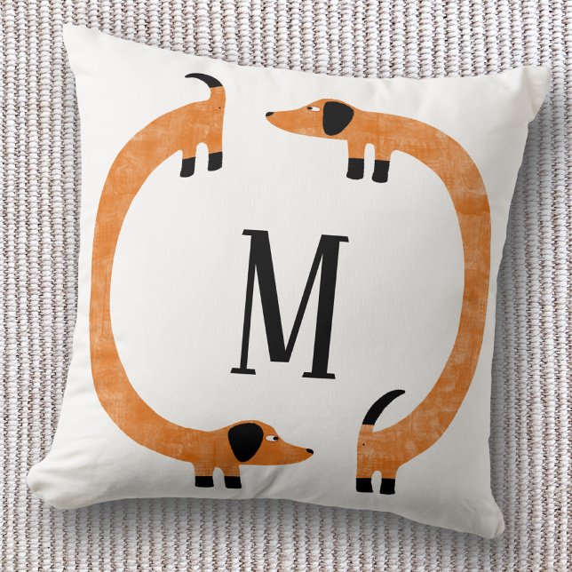 Funny Dachshund Sausage Dog Monogram Cushion (Fun Dachshund wiener dog personalized monogram initial throw pillow)