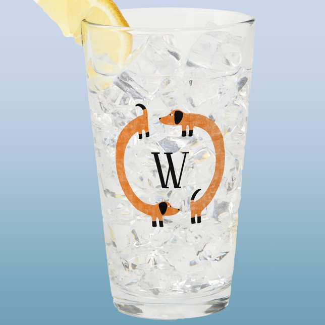 Funny Dachshund Sausage Dog Monogram Glass (Fun Dachshund Saugage or Wiener Dog monogram drink or beer glass)