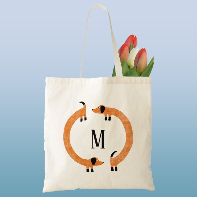 Funny Dachshund Sausage Dog Monogram Tote Bag (Funny Dachshund Wiener Sausage Dog monogram initial personalized tote bag)
