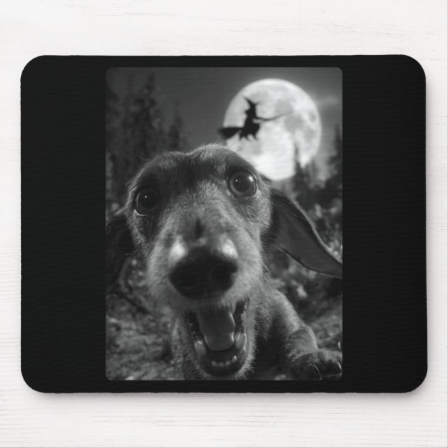 Funny Dachshund Selfie Full Moon Flying Witch Mouse Pad (Front)
