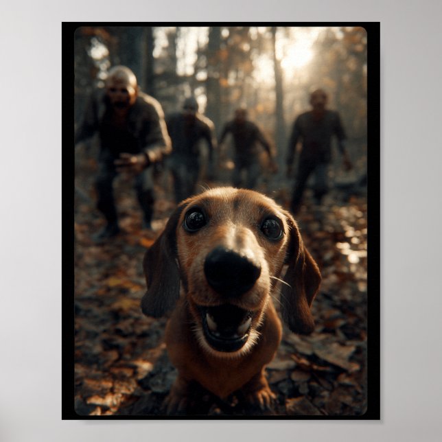 Funny Dachshund Selfie With Zombies Halloween Poster (Front)