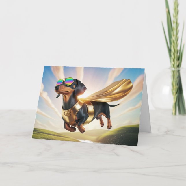 Funny Dachshund Superhero Greeting Card (Front)