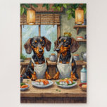 Funny Dachshund Sushi Bar Dog Lover Art Jigsaw Puzzle<br><div class="desc">Two adorable dachshunds take over a lively sushi bar,  preparing delicious rolls and serving customers with charm. The playful artwork blends humor,  creativity,  and delightful storytelling.</div>