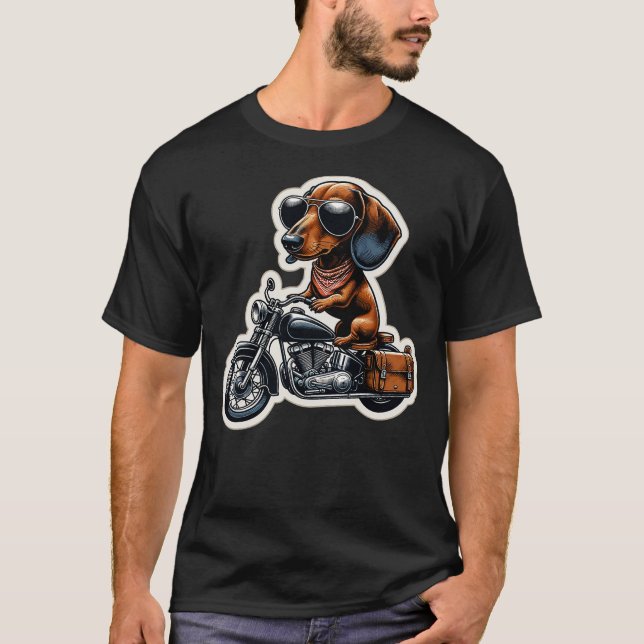 Funny Dachshund Wiener Dog Riding Motorcycle Bike  T-Shirt (Front)