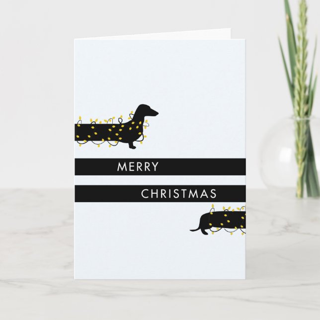 Funny Dachshund with Christmas lights Holiday Card (Front)