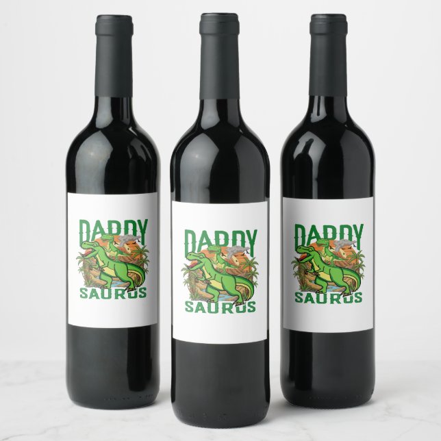 Funny Daddysaurus T-Rex Dinosaur | Dad & Kid Gift Wine Label (Bottles)
