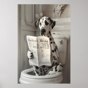 Funny Dalmatian Bathroom Print, Dog on Toilet Poster