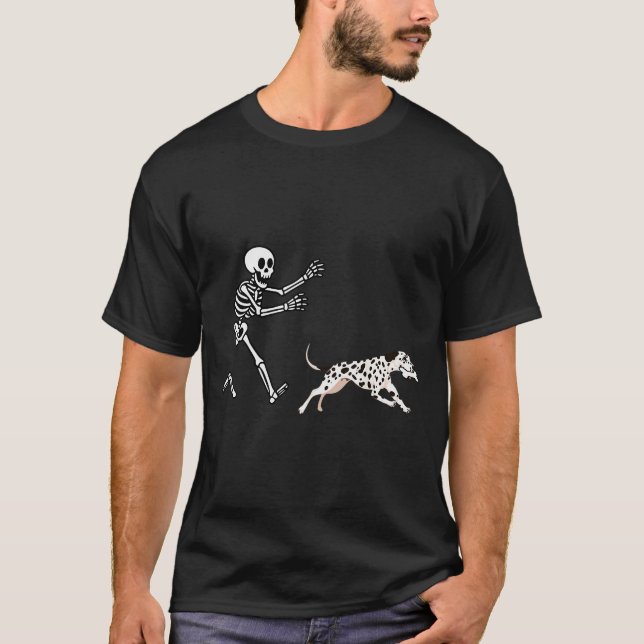 Funny Dalmatian Running Skeleton Halloween  T-Shirt (Front)
