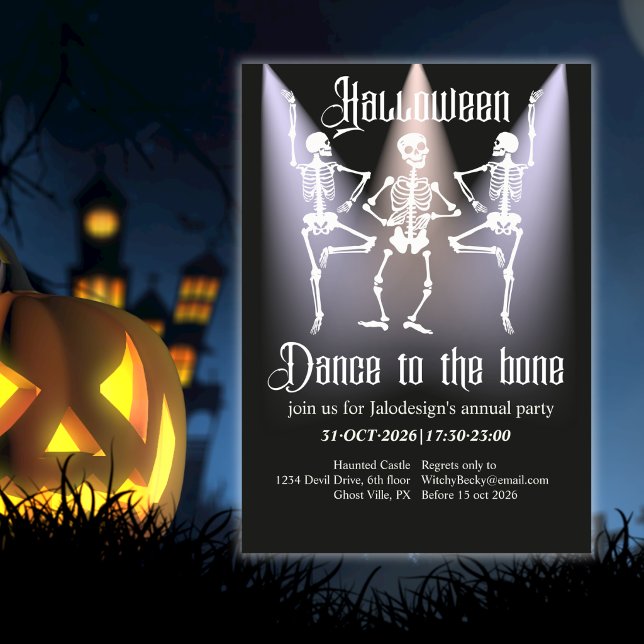 Funny Dancing Black Skeleton Halloween Party Invitation (Creator Uploaded)