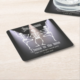 Funny Dancing Black Skeleton Halloween Party Square Paper Coaster