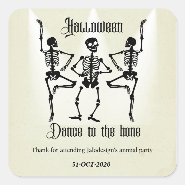 Funny Dancing Black Skeleton Halloween Party Square Sticker (Front)