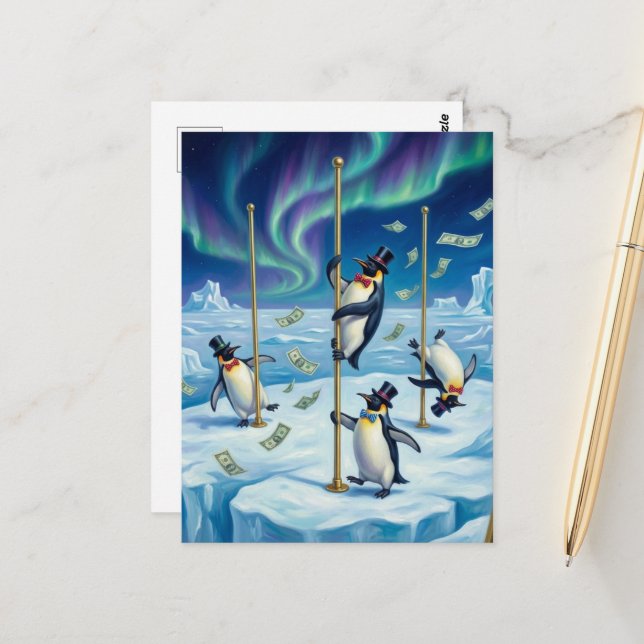 Funny Dancing Penguins North Pole Raining Money Postcard (Front/Back In Situ)
