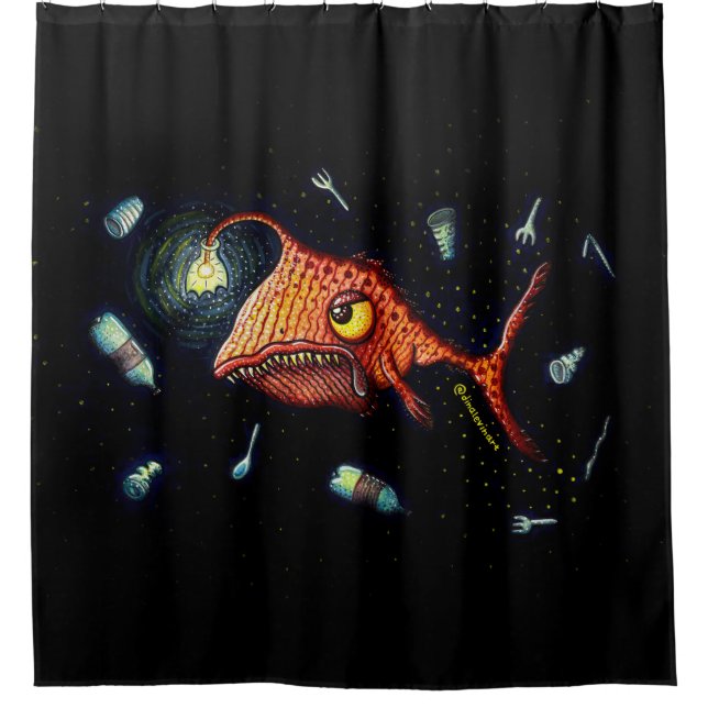Funny Dark Anglerfish Against Plastic Pollution Shower Curtain (Front)