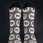 Funny Dark Grey Custom 2 Pet Photo Paw Print Socks<br><div class="desc">Show off your favourite furry friend on these fun custom socks featuring two pet photos in round frames scattered across a dark grey background with white paw prints. Upload two photos of your dog or cat to create a one-of-a-kind gift. A hilarious stocking stuffer, birthday surprise, or just-because treat for...</div>