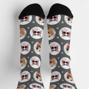 Funny Dark Grey Custom 2 Pet Photo Paw Print Socks
