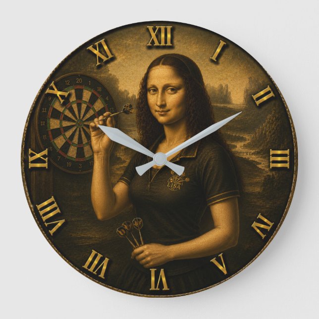 Funny Darts Mona Lisa  Bullseye Game Room Gift Large Clock (Front)