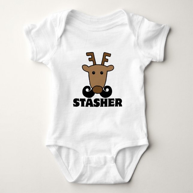 funny dasher stasher moustache reindeer baby bodysuit (Front)