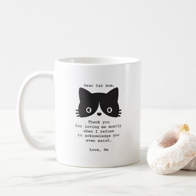 Funny Dear Cat Mum Black White Personalised Mug (With Donut)