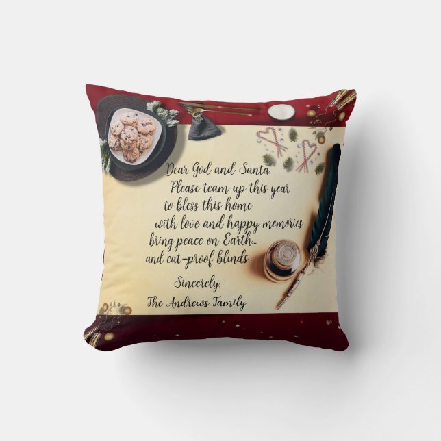 Funny "Dear God and Santa" Note and Quill Pen Cushion (Front)