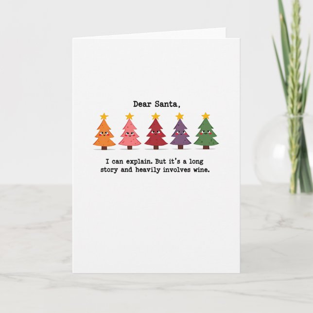 Funny Dear Santa Wine Card Colourful Trees Naughty (Front)