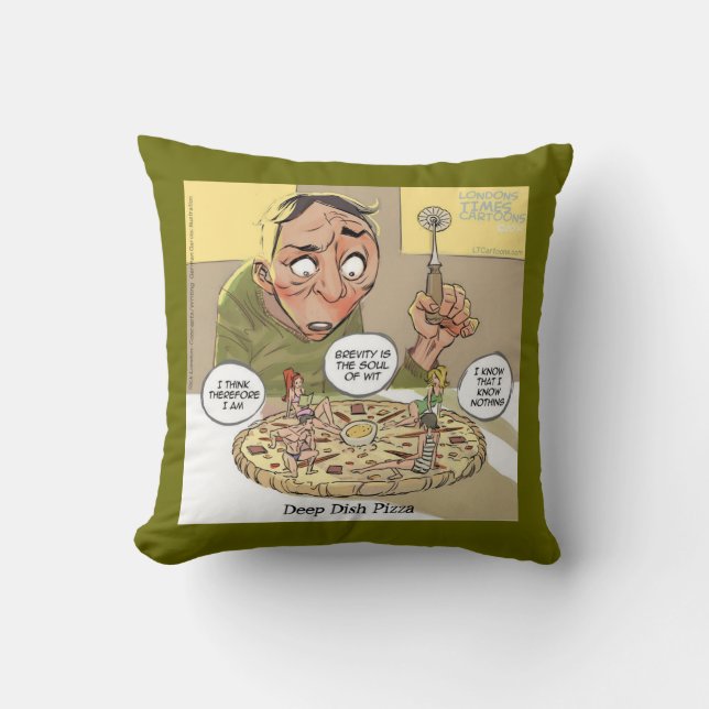 Funny Deep Dish Pizza Philosophy Throw Pillow (Front)