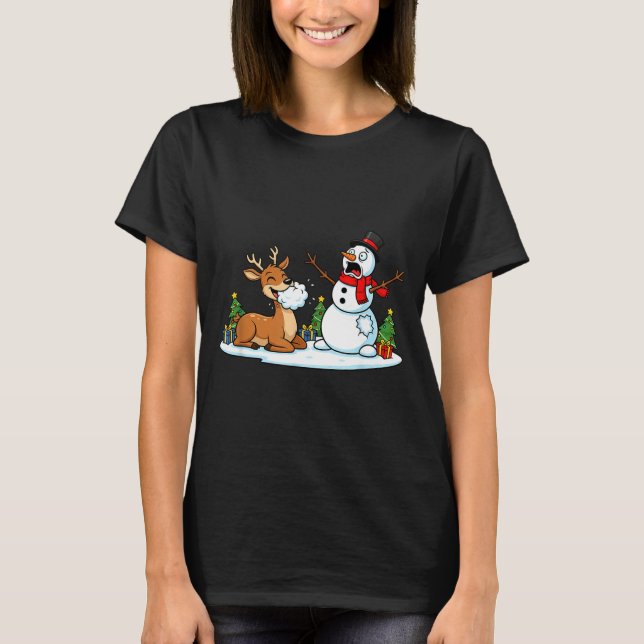 Funny Deer Snowman Christmas Tree Xmas Womens Mens T-Shirt (Front)