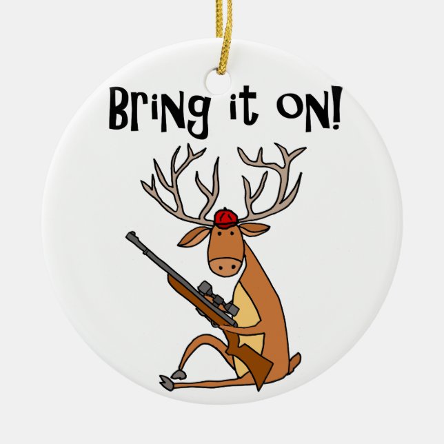 Funny Deer with Hunting Rifle and Cap Ceramic Tree Decoration (Front)