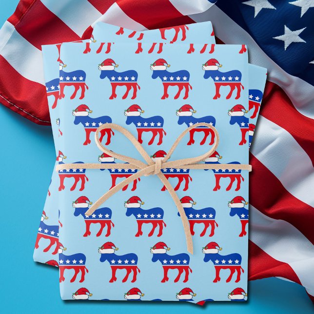Funny Democrat Donkey in Santa Hat Blue Christmas Wrapping Paper Sheet (Creator Uploaded)