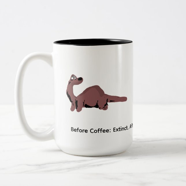 Funny Derpy Dinosaur Coffee Mug – "Before Coffee:  (Left)