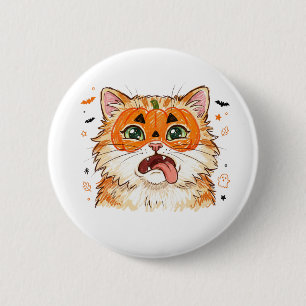 Funny Derpy Halloween Cat with Pumpkin Face Paint  6 Cm Round Badge