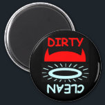 Funny Devil Angel Dirty Clean Round Dishwasher Magnet<br><div class="desc">Featuring cartoon red devil's horns for Dirty and a light blue halo for Clean, this cute funny Christian-themed clean-dirty humorous dishwasher magnet, is perfect for the church kitchen, or your own! Makes a neat gift for your pastor or a Christian friend! May have special appeal to churchgoers for use in...</div>