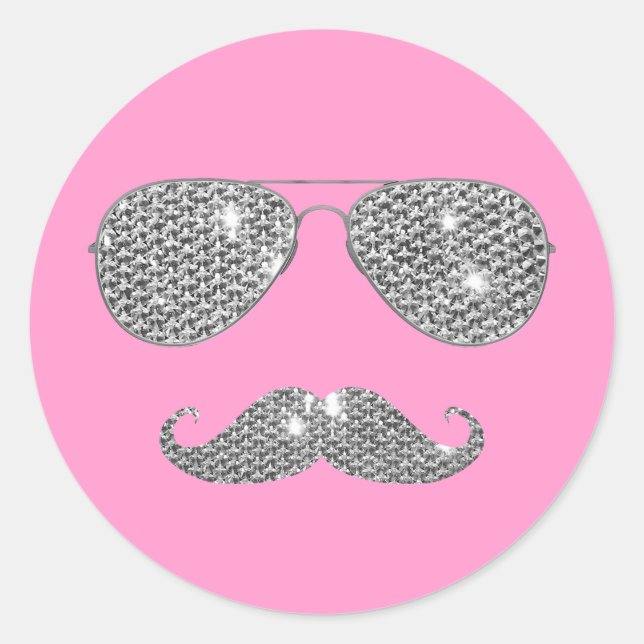 Funny Diamond Moustache With Glasses Classic Round Sticker (Front)