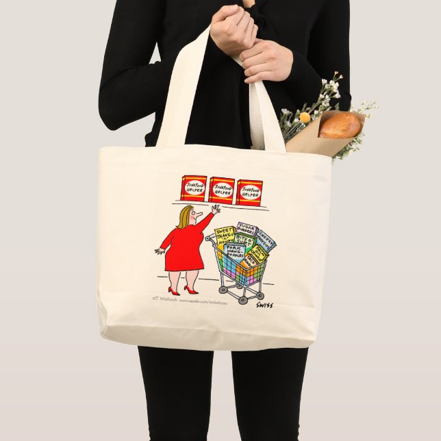 Funny Dieter at Supermarket Cartoon Grocery  Large Tote Bag (Front (Product))