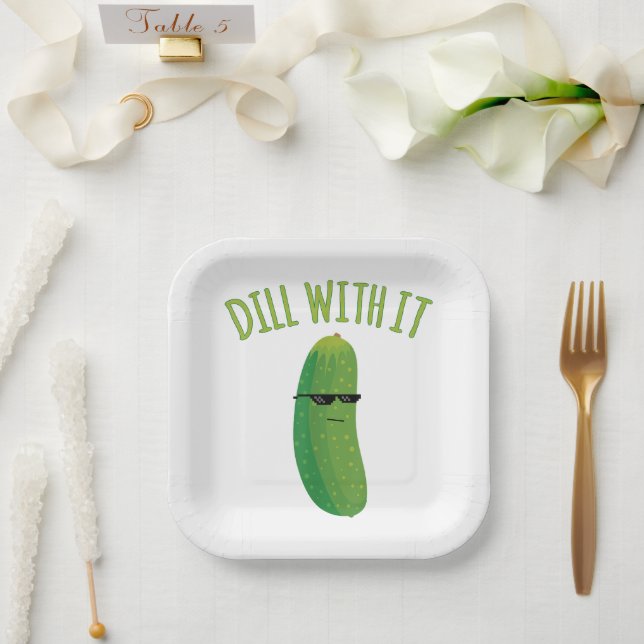 Funny Dill with It Pickle Pun Paper Plate (Wedding)