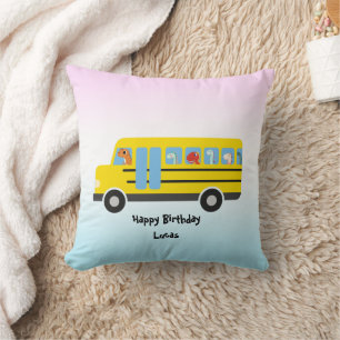 Funny DINO dinosaur School Bus boy Birthday Cushion