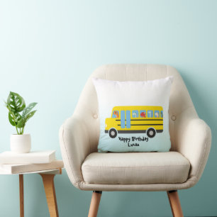 Funny DINO dinosaur School Bus boy Birthday Cushion