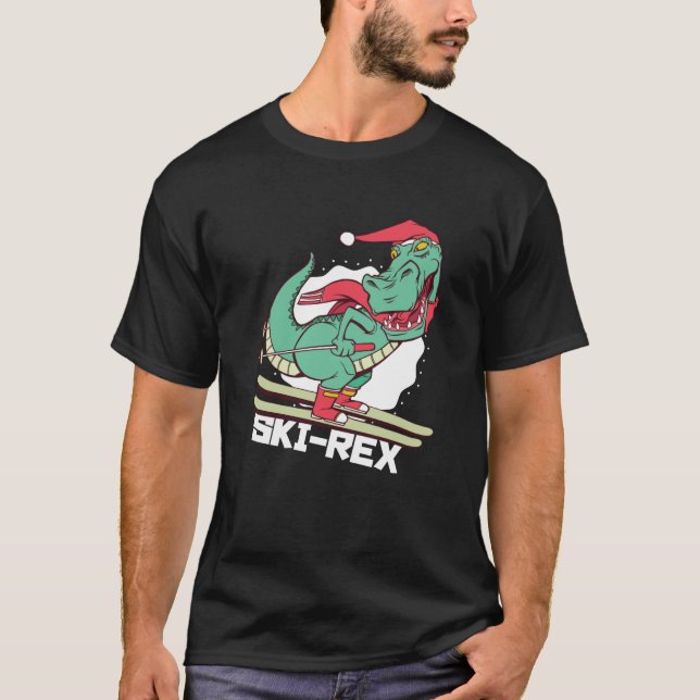 Funny Dino Ski Rex Skiing Christmas Gift T-Shirt (Front)