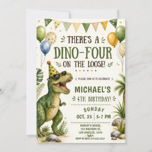 Funny Dinosaur 4th Birthday - Dino Four Birthday Invitation