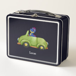 Funny dinosaur antique car birthday School boy Metal Lunch Box