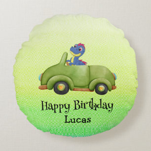 Funny dinosaur antique car birthday School boy Round Cushion