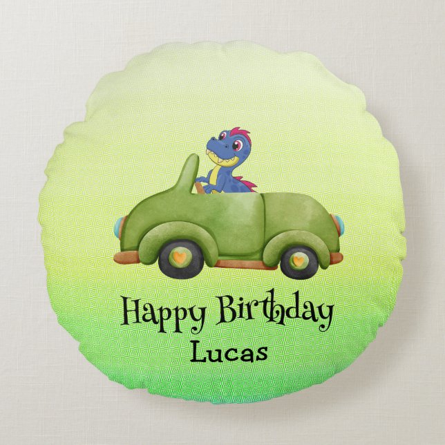 Funny dinosaur antique car birthday School boy Round Cushion (Front)