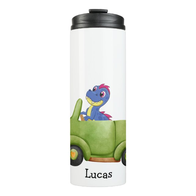 Funny dinosaur antique car birthday School boy Thermal Tumbler (Front)