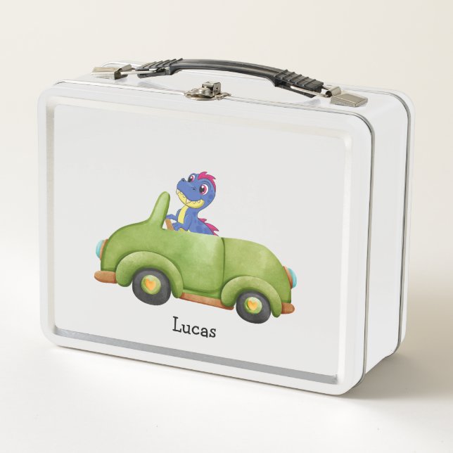 Funny dinosaur antique car School kids Birthday  Metal Lunch Box (Front)