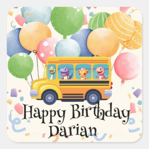 Funny dinosaur Back To School Bus Balloon Birthday Square Sticker