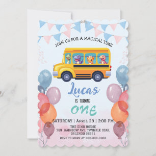 Funny dinosaur Back To School Bus boy Birthday Invitation