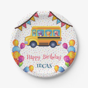 Funny dinosaur Back To School Bus boy Birthday Paper Plate