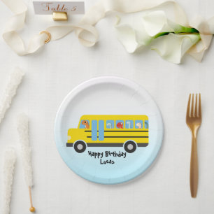 Funny dinosaur Back To School Bus boy Birthday Paper Plate