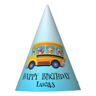 Funny dinosaur Back To School Bus boy Birthday Party Hat