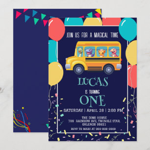 Funny dinosaur Back To School Bus boy Birthday Save The Date